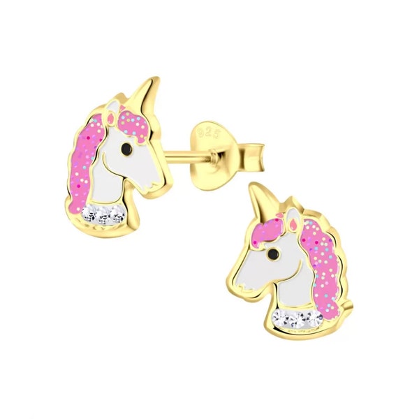 Darling Pink Clear Crystal Unicorn Stud Earrings / 14k Gold, Sterling Silver & Enamel / Hypoallergenic / Nickel and Lead Free