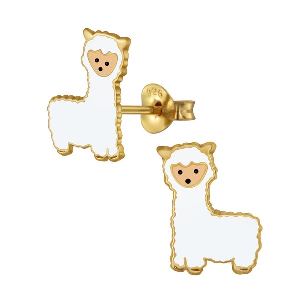 Sweet Llama Alpaca Stud Earrings / 14k Gold, 925 Silver & Enamel / Hypoallergenic