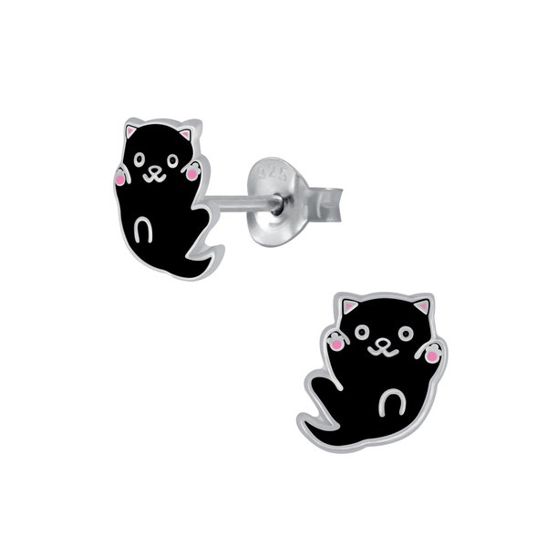 Black Kitten Cat Stud Earrings / 925 Silver & Enamel / Hypoallergenic / Nickel and Lead Free