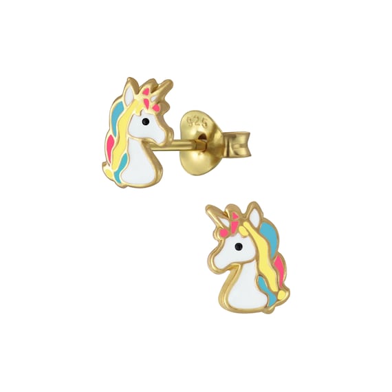 925 Sterling Silver Rainbow Sitting Unicorn Heart Enamel Stud Earrings Kids 