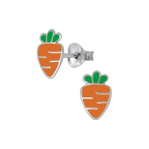 May include: A pair of carrot-shaped stud earrings. The earrings feature an orange carrot design with green tops and silver-colored metal. The earrings are small and have a post and backing for secure wear.