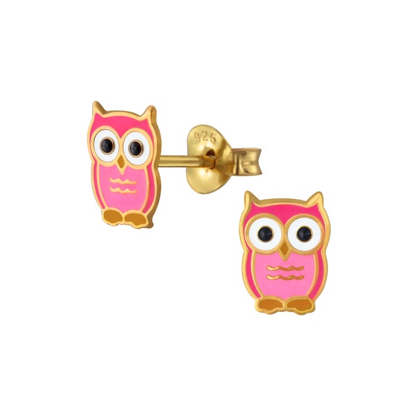 Darling Girls Pink Owl Stud Earrings /14K Gold Over Sterling and Enamel / Hypoallergenic / Nickel and Lead Free