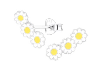Adorable Triple Daisy Chain Stud Earrings / Sterling Silver and Enamel / Hypoallergenic / Nickel and Lead Free