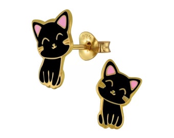 Cute Black Kitten Cat Stud Earrings / 14K Gold, Silver and Enamel / Hypoallergenic / Nickel and Lead Free