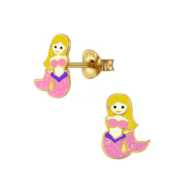 Precious Pink Mermaid Girls Stud Earrings / 14k Gold over Sterling Silver & Enamel / Hypoallergenic / Nickel and Lead Free