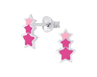 Pink Triple Star Girls Stud Earrings / 925 Silver & Enamel / Hypoallergenic / Nickel and Lead Free