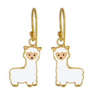 Llama Alpaca Dangle Earrings 925 Sterling Silver 14K Gold and Enamel / Hypoallergenic / Nickel and Lead Free