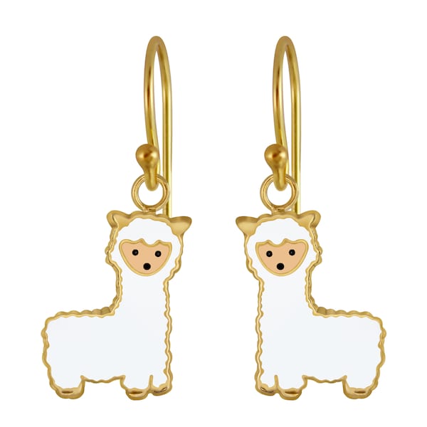 Llama Alpaca Dangle Earrings 925 Sterling Silver 14K Gold and Enamel / Hypoallergenic / Nickel and Lead Free