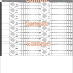 Può includere: Un segnapunti di baseball con un layout a griglia per tenere traccia delle statistiche di gioco. Il segnapunti include sezioni per il battitore, il lanciatore e i risultati della partita. La parola "Sample" è stampata sulla pagina.