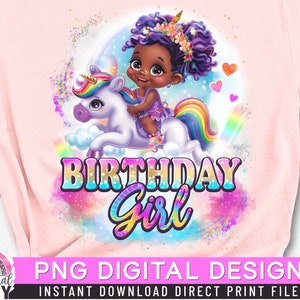 Anniversaire fille PNG, fille licorne, image par sublimation, impression directe, cheveux afro bouffants, coucou, chemise afro fille, cheveux queue de cheval,