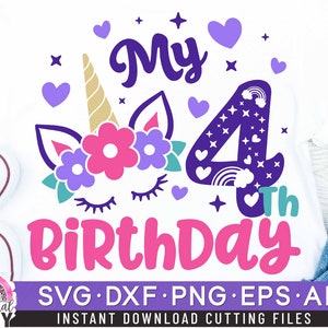 ユニコーン 4 歳の誕生日 SVG、4 歳の誕生日 SVG、ユニコーン 4 歳の誕生日 SVG、誕生日の女の子 SVG、レインボー ホーン、ユニコーンの誕生日シャツ SVG
