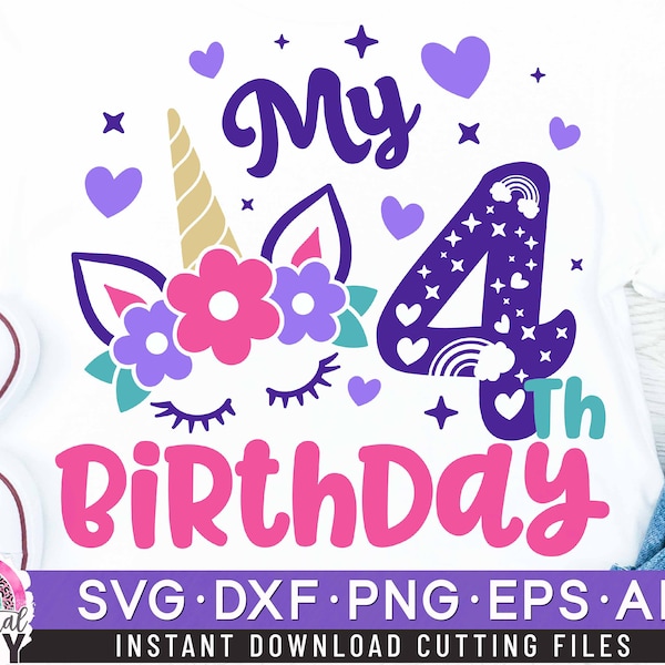 Unicorn Four Birthday Svg, Fourth Birthday Svg, Unicorn 4th Birthday Svg, Birthday Girl Svg, Rainbow Horn, Unicorn Birthday Shirt Svg