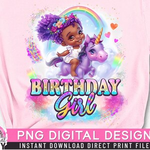 Anniversaire fille PNG, fille licorne, image par sublimation, impression directe, cheveux afro bouffants, coucou, chemise afro fille, cheveux queue de cheval,