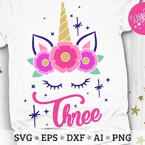 Unicorn 3rd Birthday Svg, Unicorn Birthday Svg, Third Birthday Svg, Unicorn Girl Layered Cut Files Svg, Dxf, Eps, Png