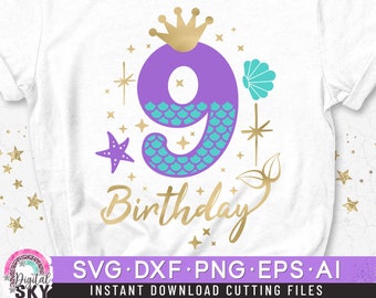 Mermaid 9th Birthday Svg, Nine Mermaid Number Svg