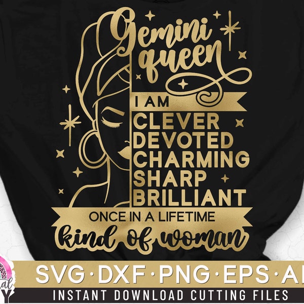 Gemini Queen Svg, Birthday Queen Svg, Black Women Svg, Afro Girl Svg, Zodiac Cut File Svg, Dxf, Eps, Png