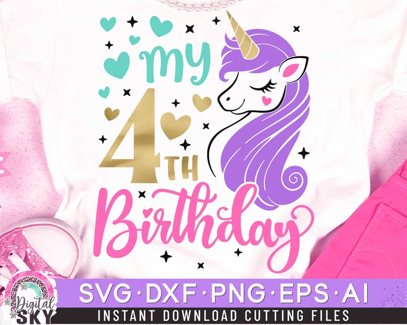 My 4th Birthday Svg, Fourth Bday Svg, Unicorn Birthday Svg, Birthday Girl Svg, Unicorn Birthday Shirt Svg, Cut Files Svg, Dxf, Eps, Png image 1