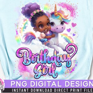 Anniversaire fille PNG, fille licorne, image par sublimation, impression directe, cheveux afro bouffants, coucou, chemise afro fille, cheveux queue de cheval,
