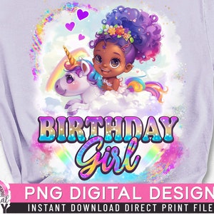 Anniversaire fille PNG, fille licorne, image par sublimation, impression directe, cheveux afro bouffants, coucou, chemise afro fille, cheveux queue de cheval,