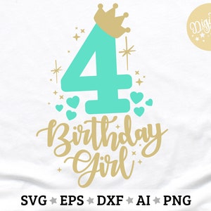 May include: A teal blue number four with a gold crown on top. The number is surrounded by gold stars and hearts. The text "Birthday Girl" is written in gold below the number.