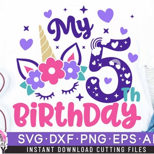 Unicorn 5th Birthday Svg, Fifth Birthday Svg, Unicorn 5th Birthday Svg, Birthday Girl Svg, Rainbow Horn, Unicorn Birthday Shirt Svg