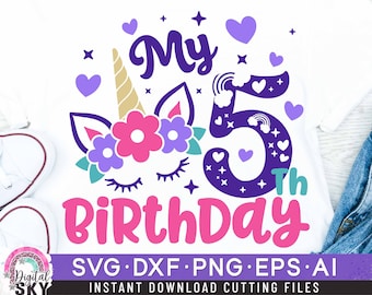 May include: Purple and teal unicorn birthday design with the text "My 5th Birthday".