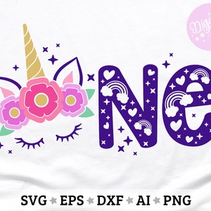 Unicornio de primer cumpleaños Svg, Primer cumpleaños Svg, Unicornio de primer cumpleaños Svg, Unicornio bebé niña