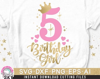 SVG-Datei für den fünften Geburtstag, SVG-Datei zum 5. Geburtstag, SVG-Datei für das Geburtstagskind, SVG-Datei für Prinzessinnen, SVG-Datei mit Krone und Zahl 5