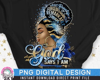May include: A black t-shirt featuring a graphic illustration of a person with a high bun hairstyle, wearing a blue and gold headwrap and hoop earrings. The hair contains the words Brave, Beautiful, Gorgeous, Talented, Remarkable, and Smart.