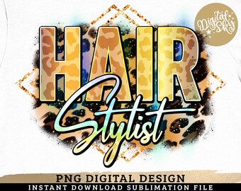 Könnte beinhalten: Ein digitales Design mit den Worten "Hair Stylist" in Gold und Leopardenmuster. Der Text ist von einem goldenen Glitzerhintergrund und einem Leopardenmuster umgeben.