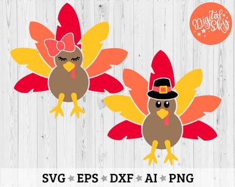 May include: Two Thanksgiving turkey clip art images. One turkey has a red bow and the other has a pilgrim hat. Both turkeys are brown with red, orange, and yellow feathers.