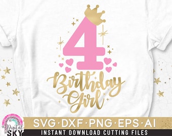 SVG-Datei für den vierten Geburtstag, SVG-Datei für den vierten Geburtstag, SVG-Datei für das Geburtstagskind, SVG-Datei für Prinzessinnen, SVG-Datei mit Krone und Zahl vier