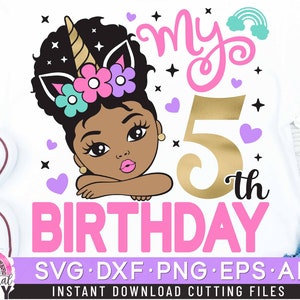 Mon 5e anniversaire Svg, Licorne anniversaire Svg, Licorne Svg, Peekaboo Girl Svg, Birthday Girl Svg, Afro bouffée cheveux princesse Svg, Dxf, Eps, Png