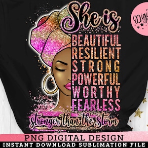 She is Strong PNG, Sublimation Afro Girl, Powerful Woman, Worthy, Fearless Black Woman, Melanin Queen, Leopard Glitter Afro