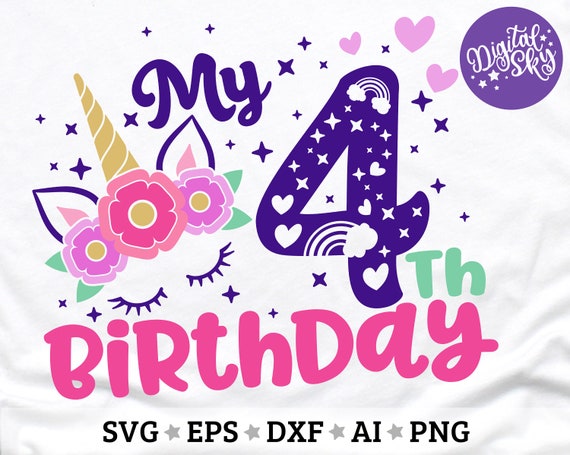 Download Unicorn Four Birthday Svg Fourth Birthday Svg Unicorn 4th Birthday Svg Birthday Girl Svg Rainbow Horn Unicorn Birthday Shirt Svg