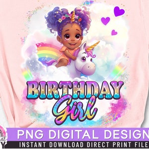 Anniversaire fille PNG, fille licorne, image par sublimation, impression directe, cheveux afro bouffants, coucou, chemise afro fille, cheveux queue de cheval,