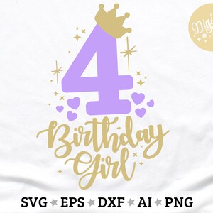 May include: Purple number four with a gold crown and the words "Birthday Girl" in gold script. The design is surrounded by small gold stars and hearts.