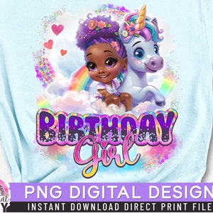 Anniversaire fille PNG, fille licorne, image par sublimation, impression directe, cheveux afro bouffants, coucou, chemise afro fille, cheveux queue de cheval,
