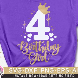 May include: Purple t-shirt with a white number 4 and gold glitter, hearts, and the text "Birthday Girl" with a gold crown on top of the number 4.