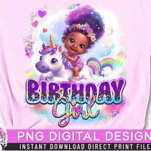 Anniversaire fille PNG, fille licorne, image par sublimation, impression directe, cheveux afro bouffants, coucou, chemise afro fille, cheveux queue de cheval,