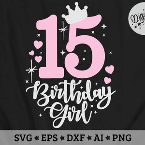 K&ouml;nnte beinhalten: Rosa-wei&szlig;es Grafikdesign mit der Zahl 15 und den Worten "Birthday Girl" mit einer Krone und Herzen.