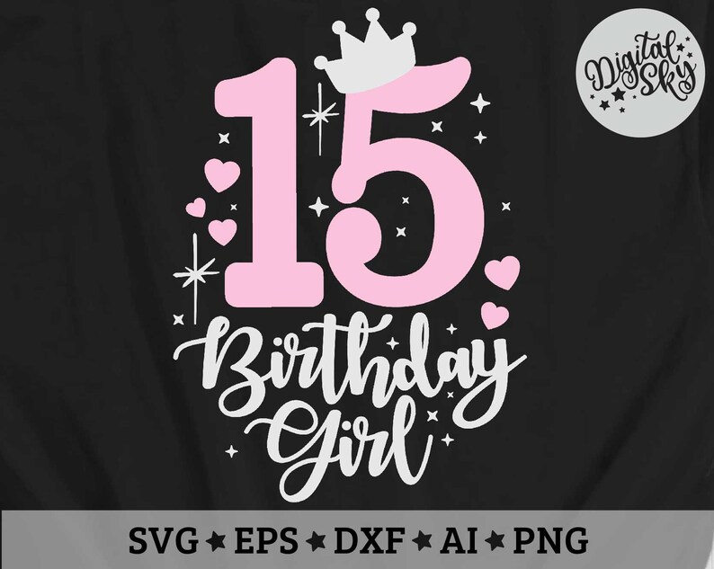 K&ouml;nnte beinhalten: Rosa-wei&szlig;es Grafikdesign mit der Zahl 15 und den Worten "Birthday Girl" mit einer Krone und Herzen.