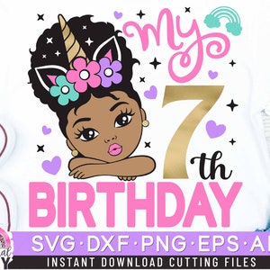 Mon 7ème anniversaire Svg, Svg anniversaire Licorne, Licorne Svg, Svg Peekaboo Girl, anniversaire fille Svg, Afro bouffée cheveux princesse Svg, Dxf, Eps, Png