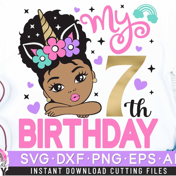 My 7th Birthday Svg, Unicorn Birthday Svg, Unicorn Svg, Peekaboo Girl Svg, Birthday Girl Svg, Afro Puff Hair Princess Svg, Dxf, Eps, Png