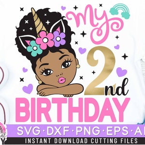 My 2nd Birthday Svg, Unicorn Birthday Svg, Unicorn Svg, Peekaboo Girl Svg, Birthday Girl Svg, Afro Puff Hair Princess Svg, Dxf, Eps, Png