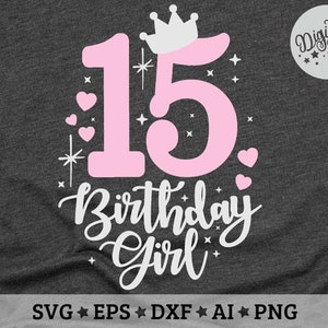 K&ouml;nnte beinhalten: Rosa-wei&szlig;es Grafikdesign mit der Zahl 15 und den Worten "Birthday Girl" mit einer Krone und Herzen.