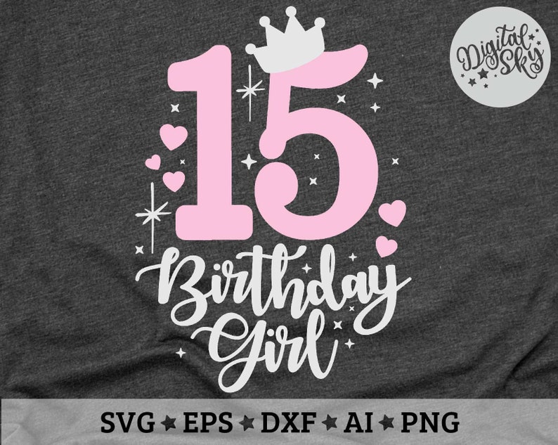 K&ouml;nnte beinhalten: Rosa-wei&szlig;es Grafikdesign mit der Zahl 15 und den Worten "Birthday Girl" mit einer Krone und Herzen.