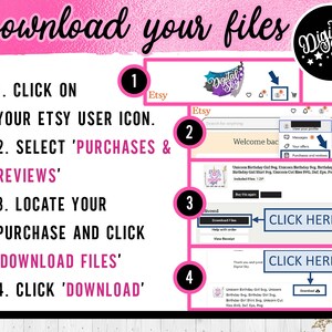 K&ouml;nnte beinhalten: Eine Schritt-f&uuml;r-Schritt-Anleitung zum Herunterladen digitaler Dateien von Etsy. Das Bild zeigt einen Screenshot der Etsy-Website mit Anweisungen zum Auffinden und Herunterladen gekaufter Dateien. Der Text im Bild lautet: "Laden Sie Ihre Dateien herunter", "Klicken Sie auf Ihr Etsy-Benutzer-Symbol", "W&auml;hlen Sie 'K&auml;ufe & Bewertungen'", "Suchen Sie Ihren Kauf und klicken Sie auf 'Dateien herunterladen'", "Klicken Sie auf 'Herunterladen'".