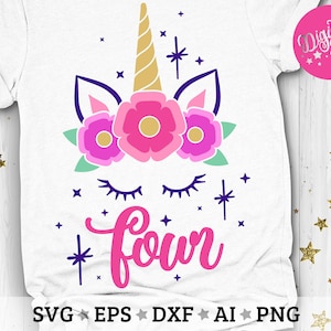 Unicorn 4th Birthday Svg, Unicorn Birthday Svg, Fourth Birthday Svg, Unicorn Girl Layered Cut Files Svg, Dxf, Eps, Png