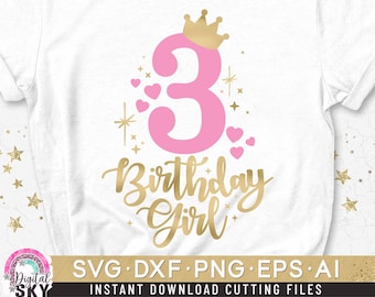 SVG-Datei für den dritten Geburtstag, SVG-Datei für das Geburtstagskind, SVG-Datei für Prinzessinnen, SVG-Datei mit Krone und Zahl Drei